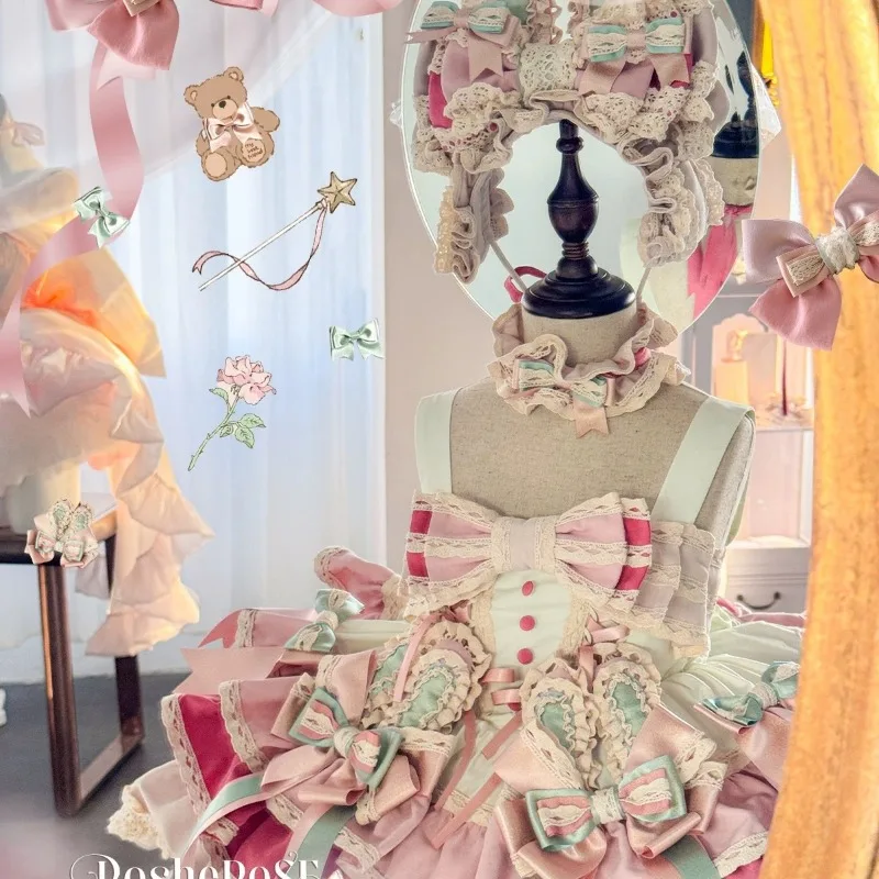 Kids Sweet Lolita JSK Dress Toddler Pink Lace Big Bow Sling Puffy Mini Skirt Children Tea Party Princess Costume With Choker