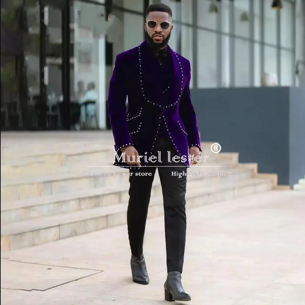 Elegance Velvet Suit Men Crystals Beaded Prom Blazers Customized Shawl Lapel Jacket Pants 2 Pieces Groom Formal Party Tuxedos