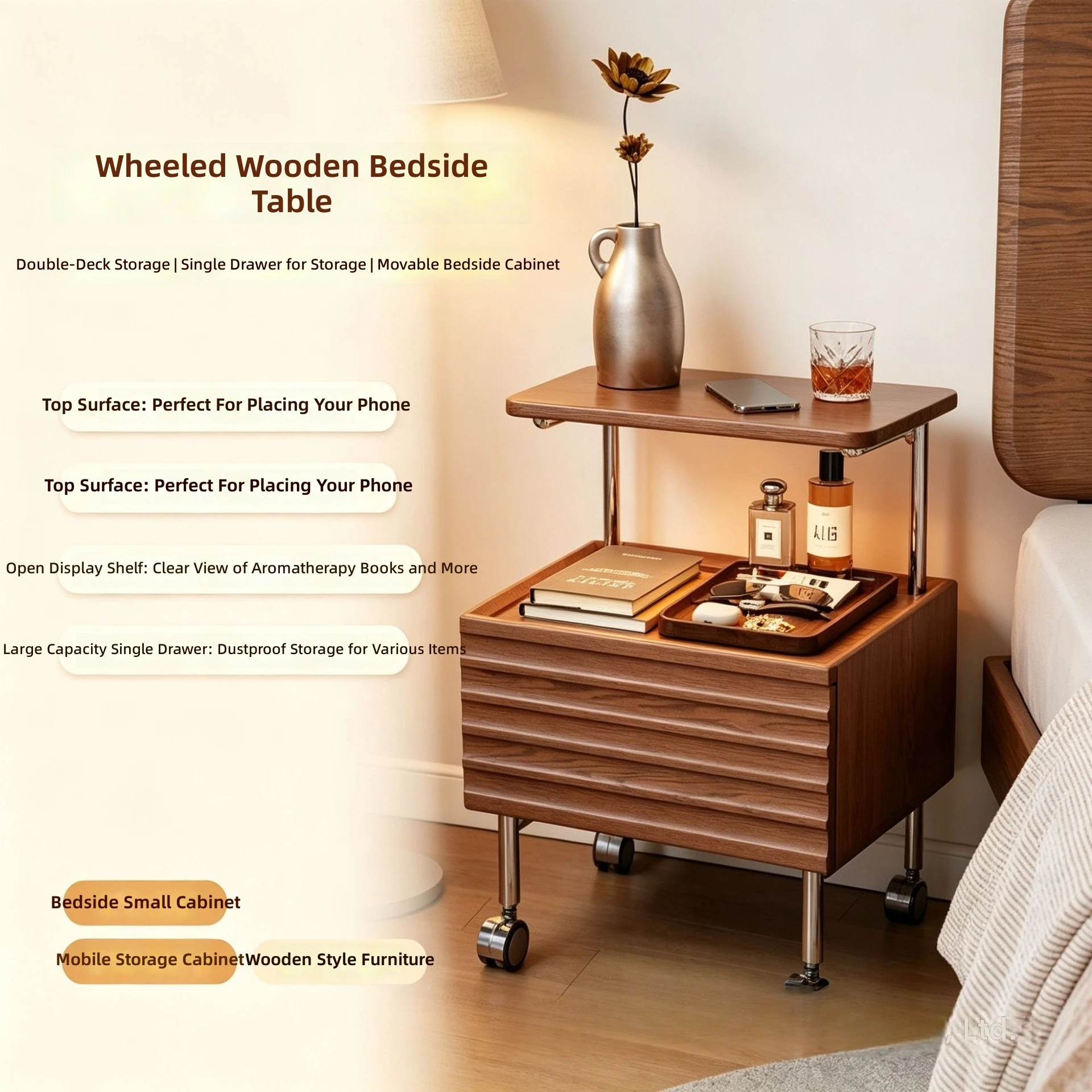 Retro Rolling Nightstand, Walnut Color, 2-Tier Floating Bedside Table, Single Drawer, Bedroom Storage Organizer
