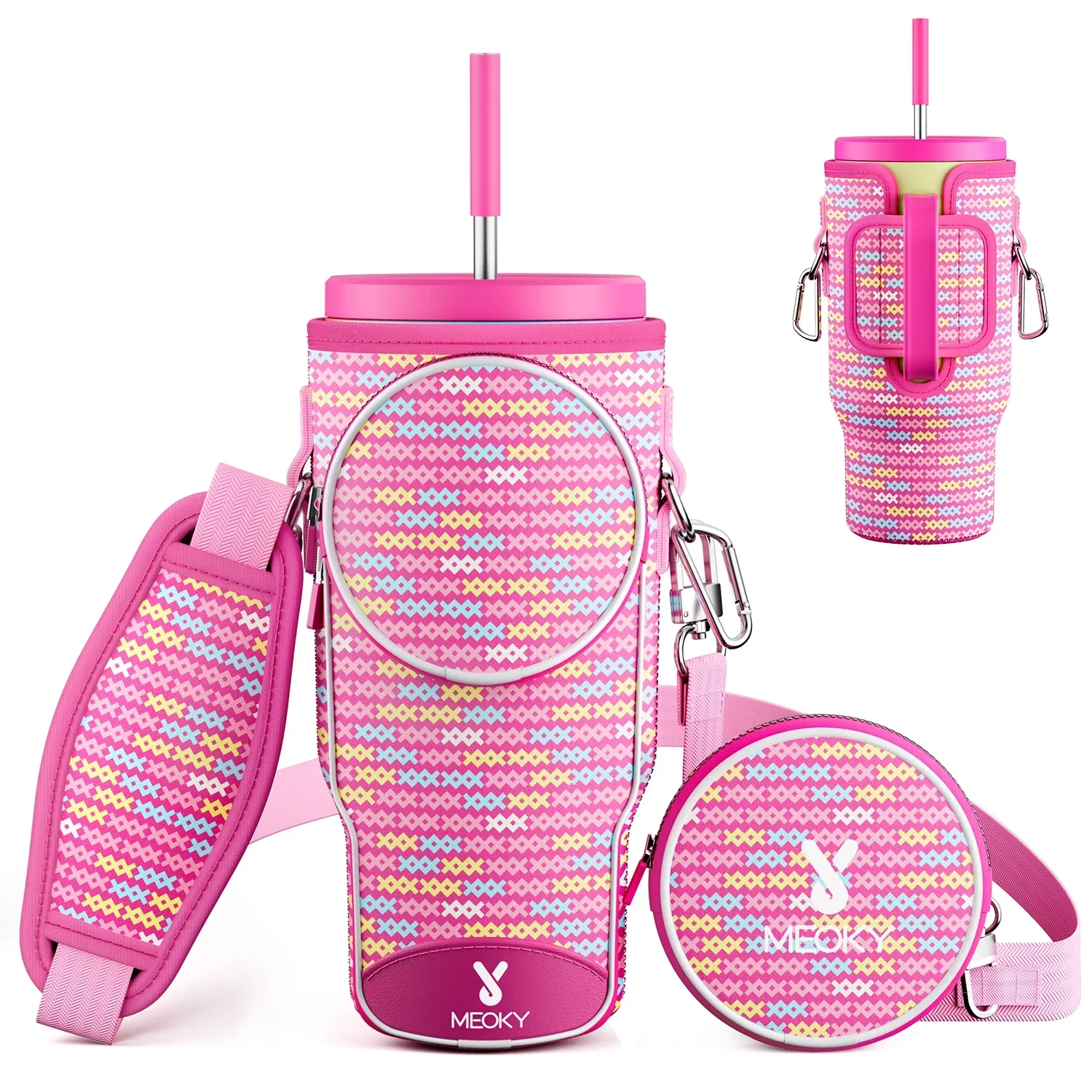 

40oz Pink Water Bottle Carrier Bag For Tumbler Non-slip Insulated Mug Cover Adjustable Shoulder Strap Termos