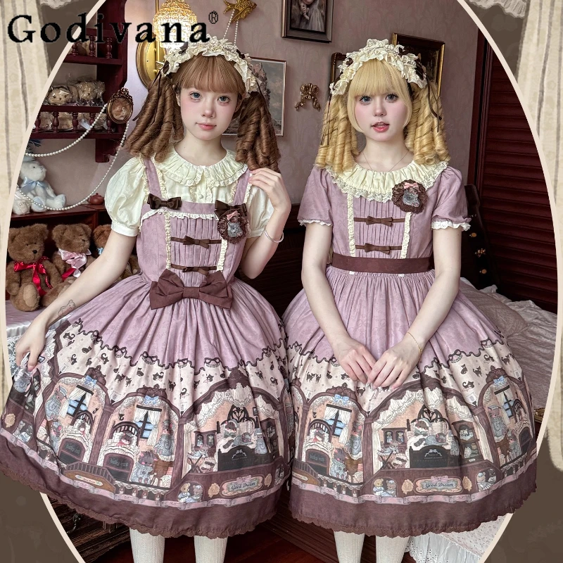 

Original Design Sweet Lolita Dress JSK Girl's Cute Print Kawaii Retro Sleeveless Mini Lo Dress OP Japanese Daily Princess Dress
