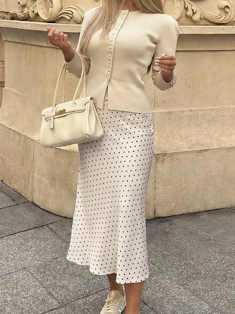 HH Elegant Women's Satin Polka Dot Print Midi Skirt 2026 Spring Summer Fashion Female High Waist  Long Straight Skirt Streetwear