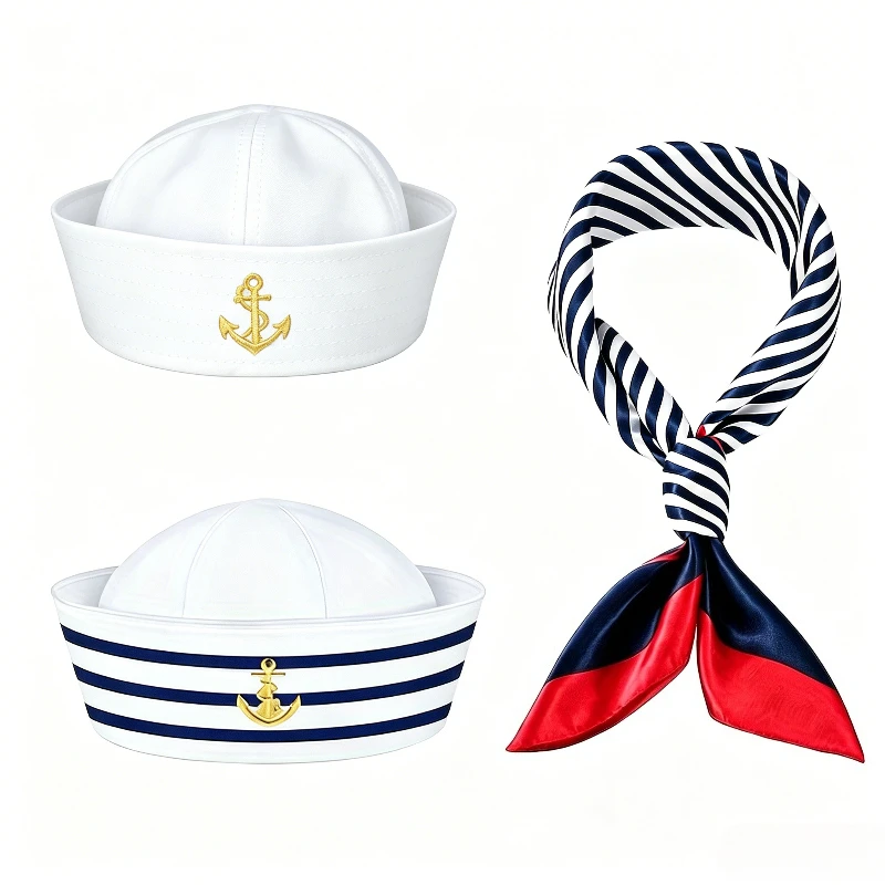 3 Sets of Navy Captain Hats, Sailor Hats, Scarves, Summer Beach Pool Party Cosplay Hats, Halloween Costume Accessories