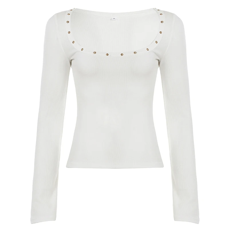 Casual Grundlegende Solide Niet T Shirt Elegante Sexy Schlank Quadrat Kragen Langarm T-stücke Frauen 2025, Herbst Frühling Streetwear Damen