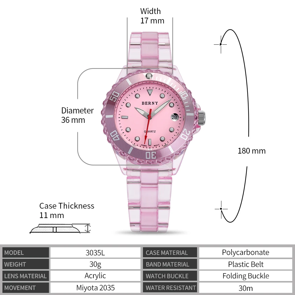 BERNY Quartz Watch Girls Fashion Quartz Wristwatch 3ATM Waterproof Ladies Watches translucent crystal pink peach