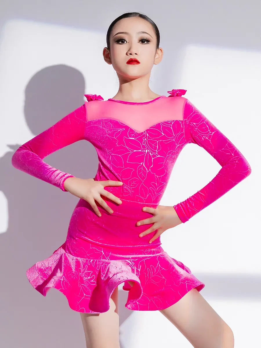 

Платья для соревнований по латинским танцам, танцевальная одежда для выступлений ча-ча, бархатное боди, юбка, одежда для самбы, тренировочная одежда, розовое платье