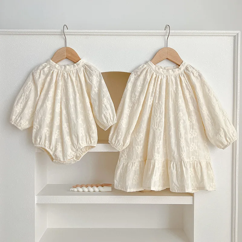 

Spring Girls Long Sleeve Sweet Sisters Embroidery Dress Autumn Infant Newborn Rompers Kids Casual Baby Princess Clothes Rompers