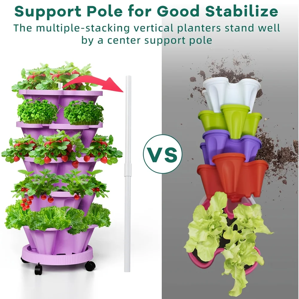5-layer stackable vase with movable wheels and vertical gardening seeder for planting flowers, strawberries, and vegetables