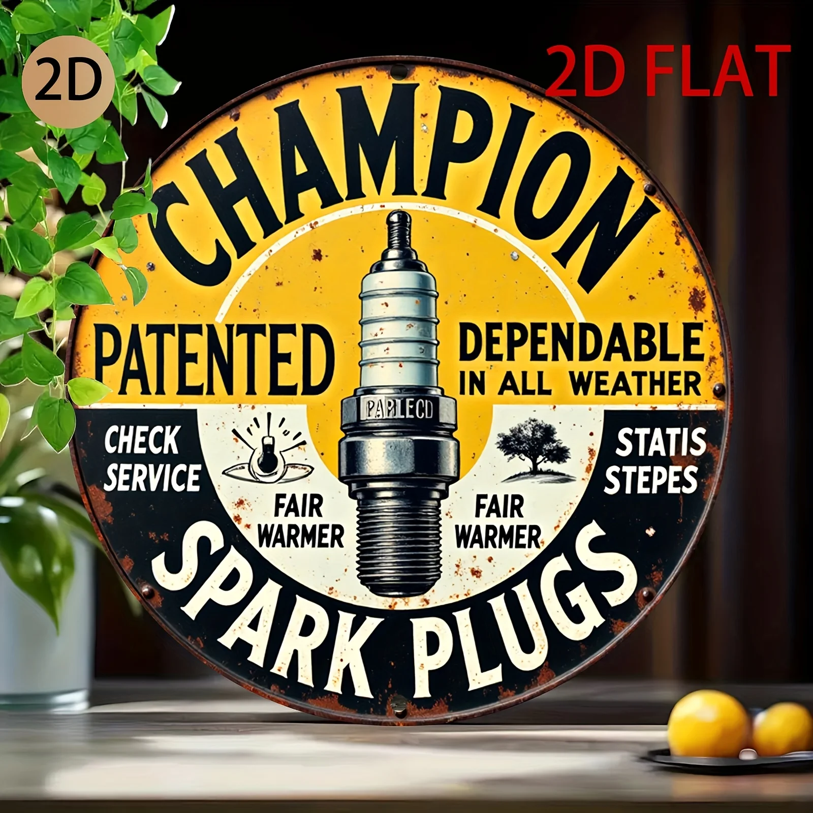 2D Flat, Vintage Tin Artwork Featuring a Circular Metal Spark Plug Logo, Perfect for Decorating a Car-Themed Space Like a Garage