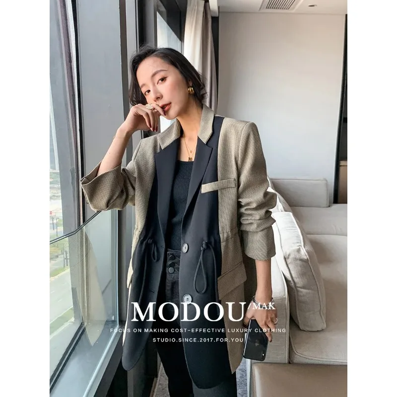 SuperAen Plaid Suit Coat for Women 2024 Autumn New Style Slim Waist Casual Design Fashion Patchwork Suit Jacket