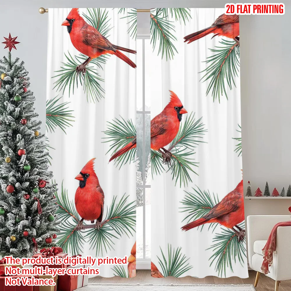 

2pcs 2D flat printing Merry Christmas Window Curtains Christmas Red Bird Fabric Without Electricity Festive Holiday for Holiday