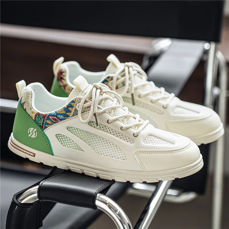 Men's National Ethnic Woven Patchwork Casual Sneakers Hollow Breathable Mesh Soft Flat Sole Retro Daily Walking Shoes