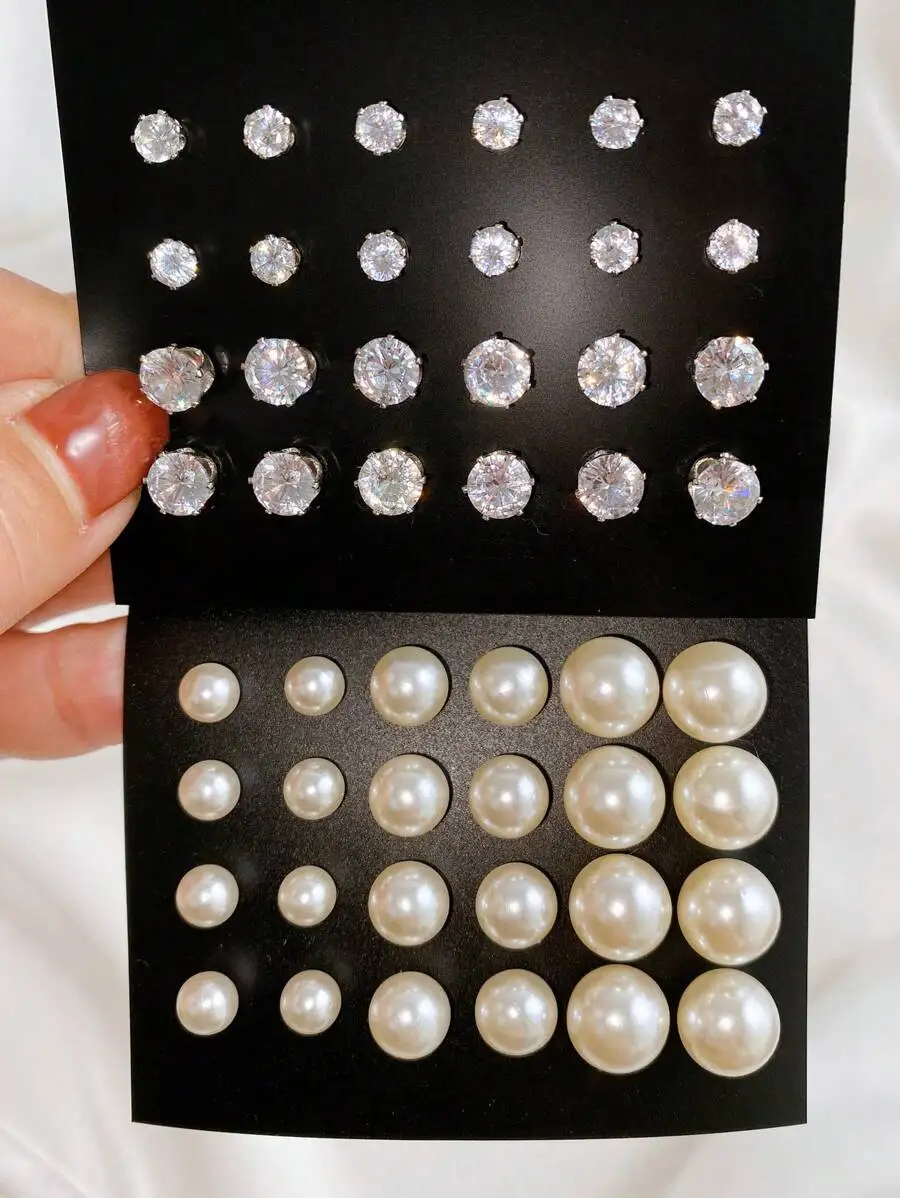 

48PCS Rhinestone And Faux Pearl Stud Earrings Set For Party Date Gift Daily Wear