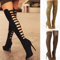 New Long Barrel High Heel Women's Boots 2023 Fashion Pointed Back Hollow Thin Heel Large Size 40-43 Women's Boots