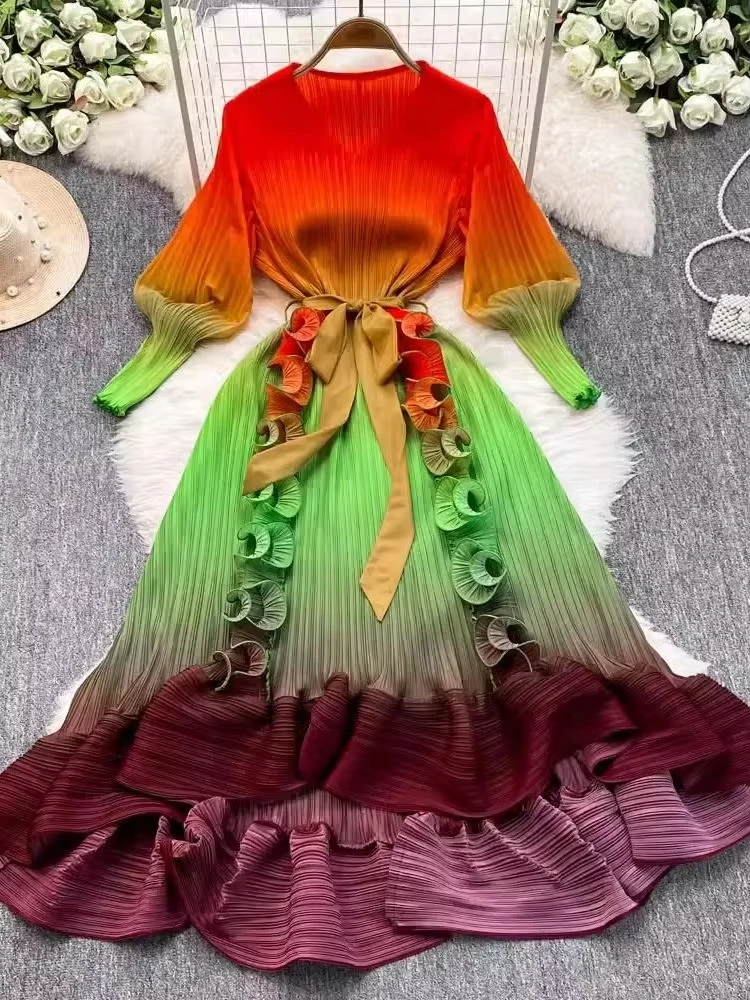 ANLAN Miyake Pleated Applique Elegant Ruffles Loose Dress Women Autumn Plus Size Fashion Long Sleeves Slim Party Dresses 2AN9715