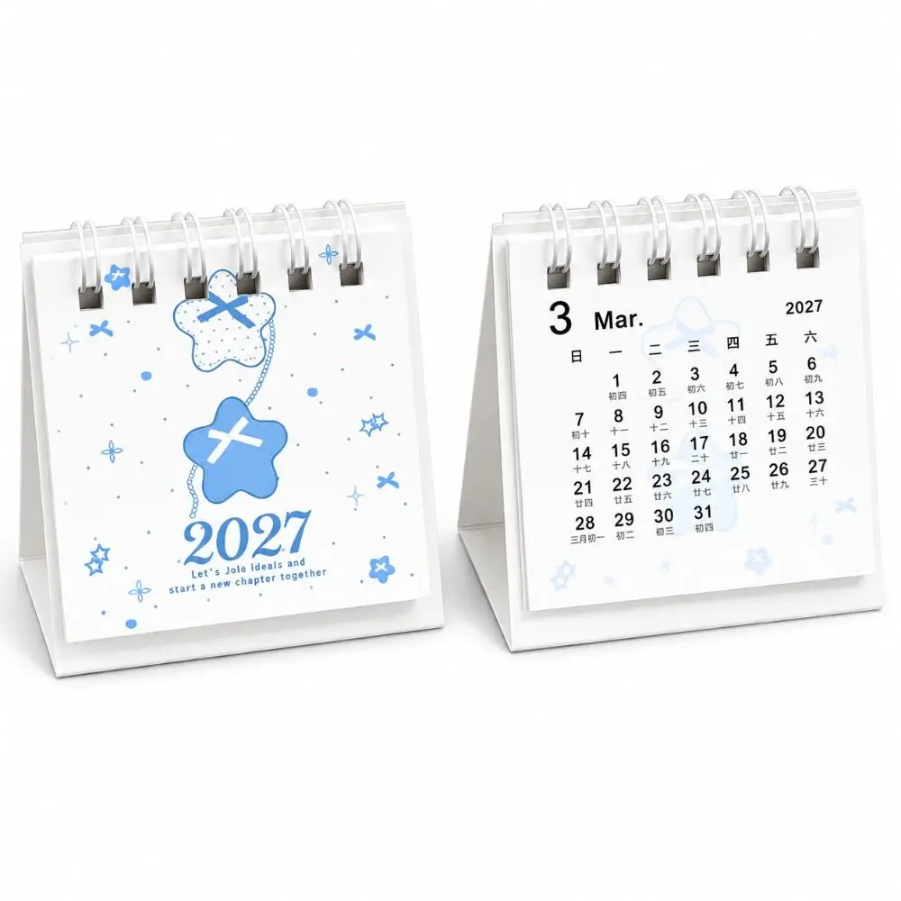 New Portable 2027 Desk Calendar Ribbon Decoration Star Decoration Mini Desk Calendar Polka Dot Pattern Desktop Calendar Student
