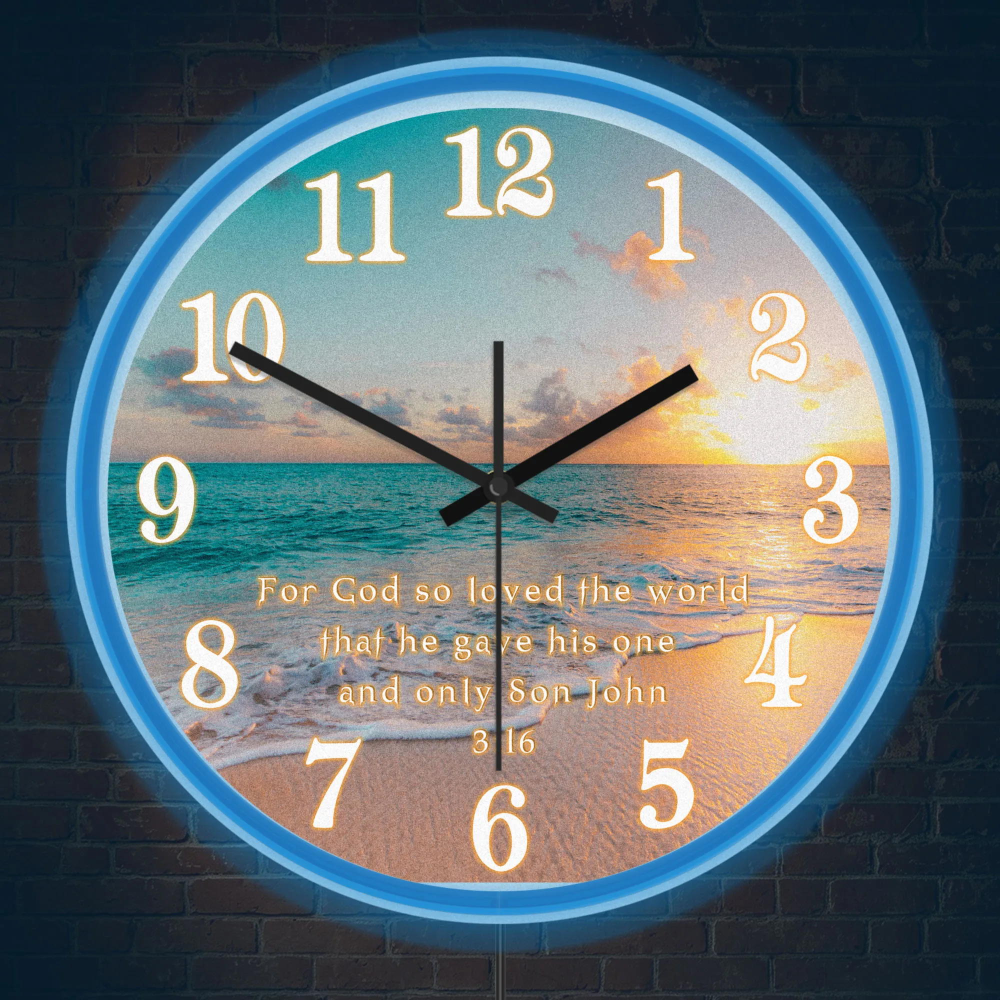 Beach Sunset John 3:16 Bible Quote LED Neon Light Wall Clock for Coastal House Cottage Christian Scripture Religious Faith Decor