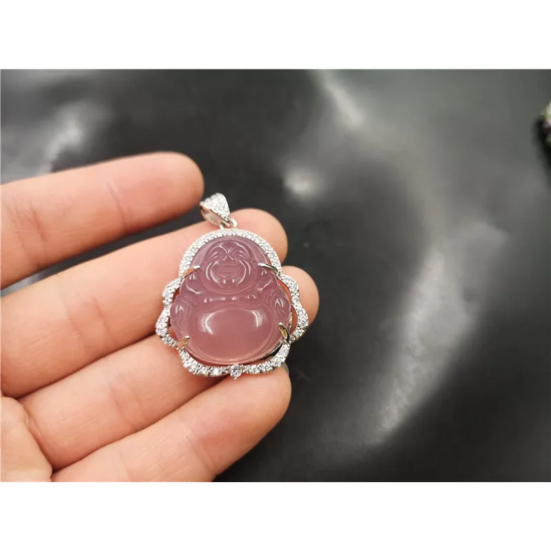 Chalcedony Maitreya Pendant, A Luxurious Piece Featuring A Large, Round Buddha Inlaid With Pink Agate