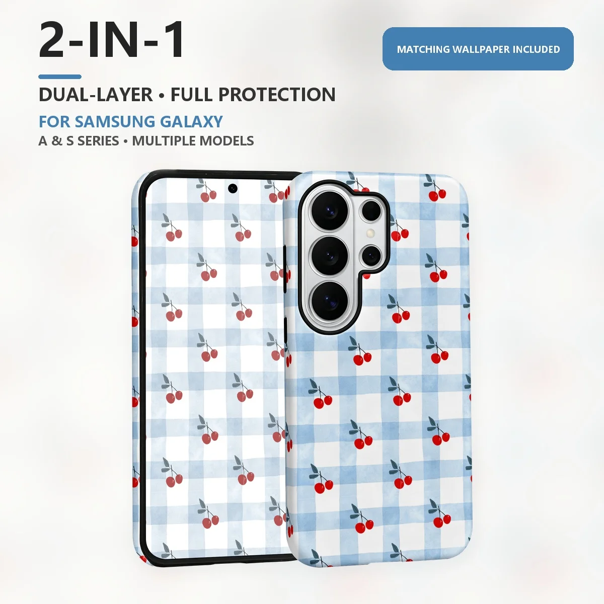 Watercolor Cherry Pattern 2-in-1 Dual-Layer Phone Case for Samsung Galaxy S26 S25 S24 Plus Ultra FE S20 FE A56 A17 A16 A15