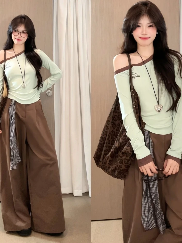 

Spring Fashion Korean Style Shoulder Bared T Shirt Casual Pants Two Piece Set Women's Clothing Long Sleeve Overhead Long Pant...