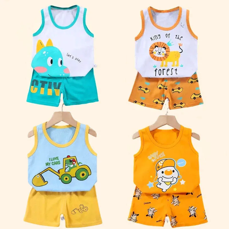 Boys Vest Set Summer Cotton New Clothes Children\'s Sleeveless Cartoon Wool Comfort Set Class A Thin Two-piece Set for 6-9months