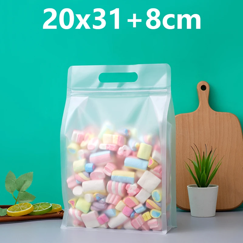 StoBag 50pcs Food Packaging Ziplock Bags Transparent with Handle Stand Up Sealed for Candy Nuts Storage Reusable Zip Lock Pouch