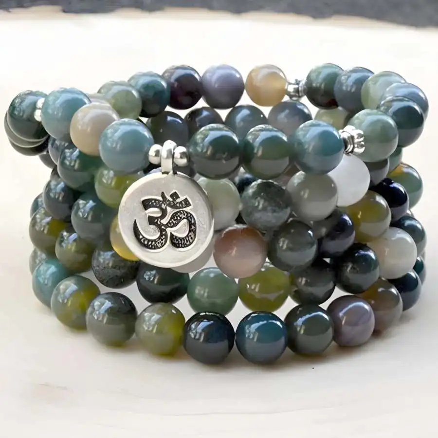 

8mm Natural Indian Agate Gemstone 108 Beads Mala Necklace Jewelry Spiritual Zen Bodhi tassel Bead Prayer Tibetan Chaplet elastic