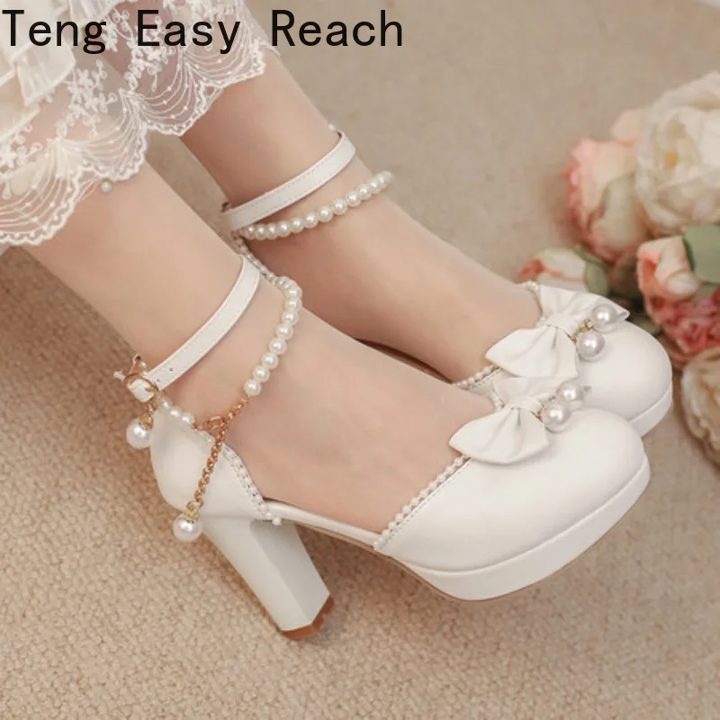 

Весенние женские туфли-лодочки Мэри Джейн на высоком каблуке с жемчужным ремешком на щиколотке, вечерние, свадебные, косплей, белые, розовые туфли принцессы в стиле Лолиты с бантом на высоком каблуке