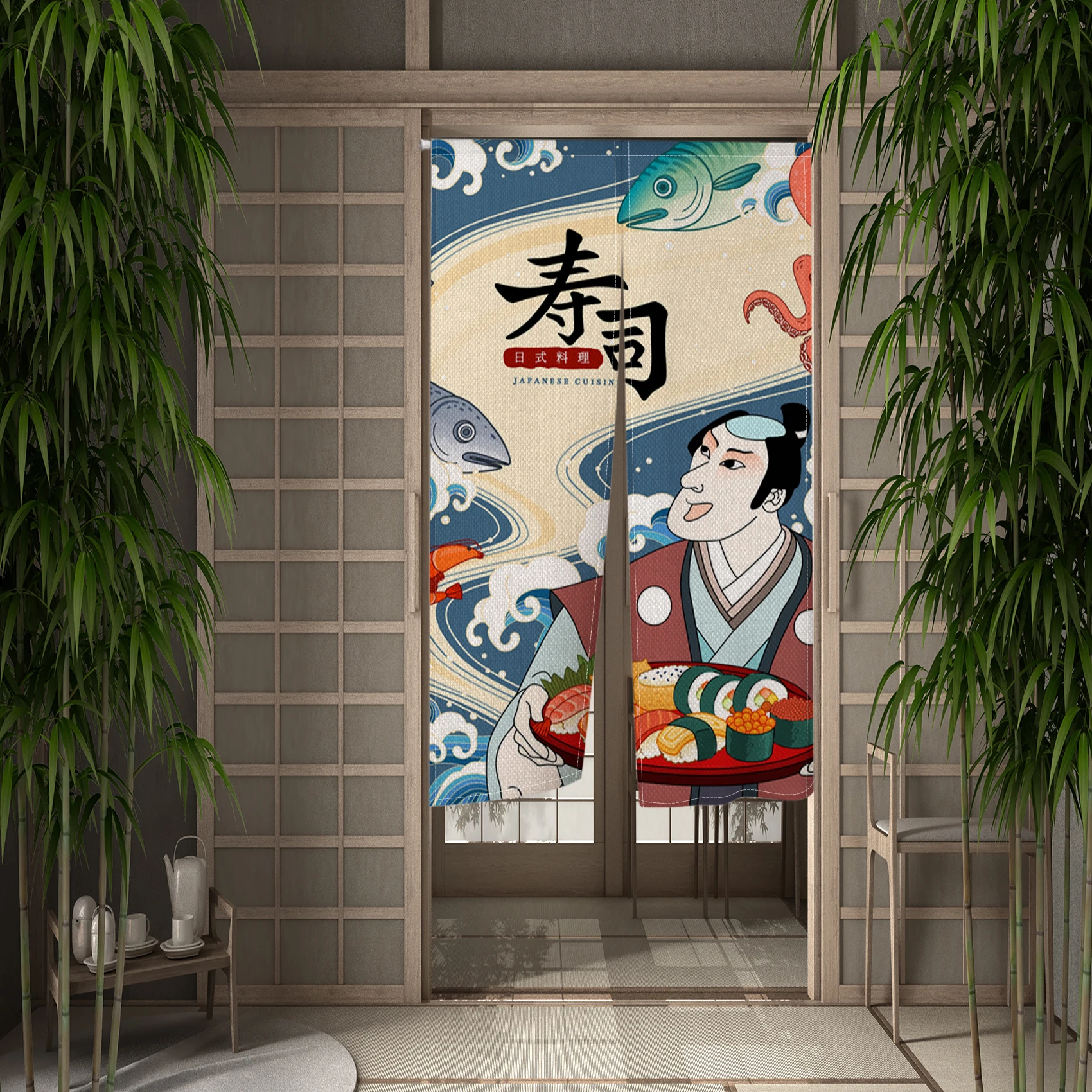 Japanese Cartoon Food Door Curtains Sushi Ramen Pattern Partition Split Doorway Curtains Kitchen Restaurant Hanging Half Curtain
