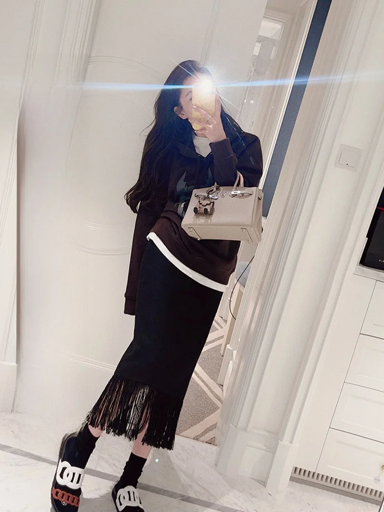 

Шерстяная вязаная юбка-миди Rubbit Chic с высокой талией, А-силуэтом, бахромой и уникальным дизайном, модная, стройнящая, средней длины