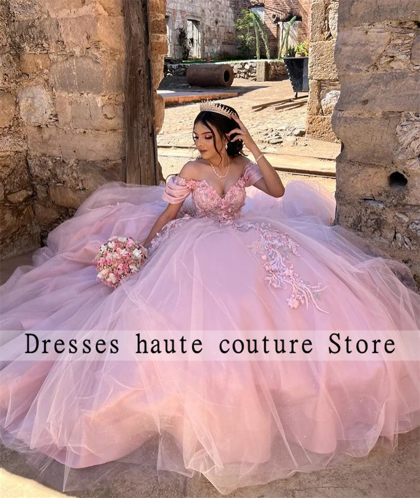 Pink Lace Appliques Quinceanera Dresses Ball Gown 2024 Off The Shoulder Beaded Sweet 16 Dress Formal Princess Party Dress