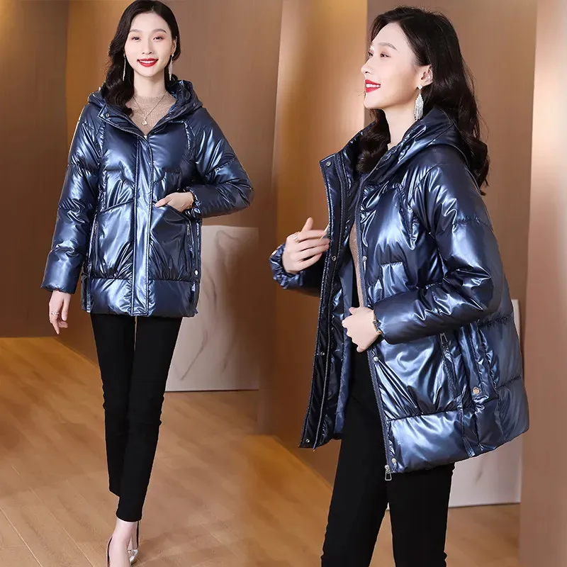 2022 New Shiny Thickened Padded Jackets Women Hooded Overcoat Parkas Mid-Long Loose Warm Down Cotton Jacket Fashion Puffer Coats