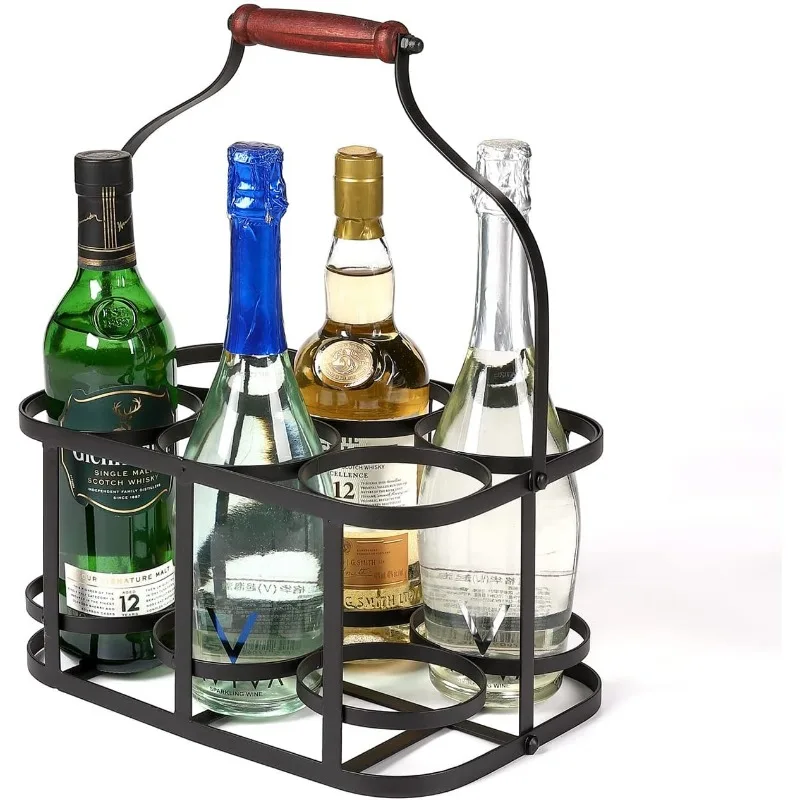 Metal Wine Bottle Carrier 6 Bottle Wine Carrier with Wood Handle Farmhouse Metal Wine Rack Basket