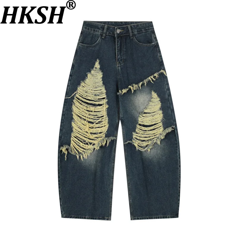 

HKSH весна осень новые мужские модные уличные потертые джинсы с дырками шикарные повседневные свободные широкие джинсовые брюки в стиле панк HK12100