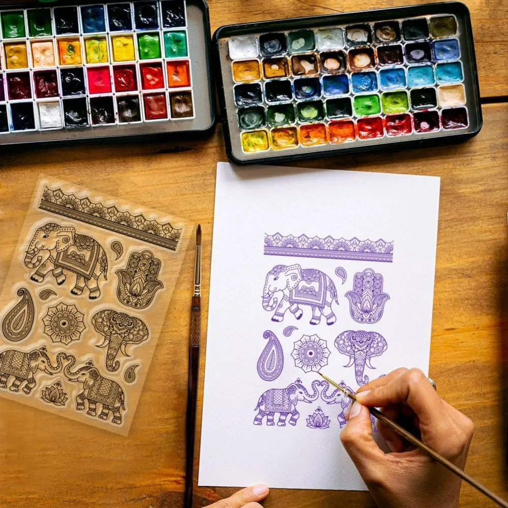 Indian Elephant Clear Stamps for DIY Scrapbooking Paisley Hamsa Pattern Silicone Stamp Seals Transparent Stamp for Cards