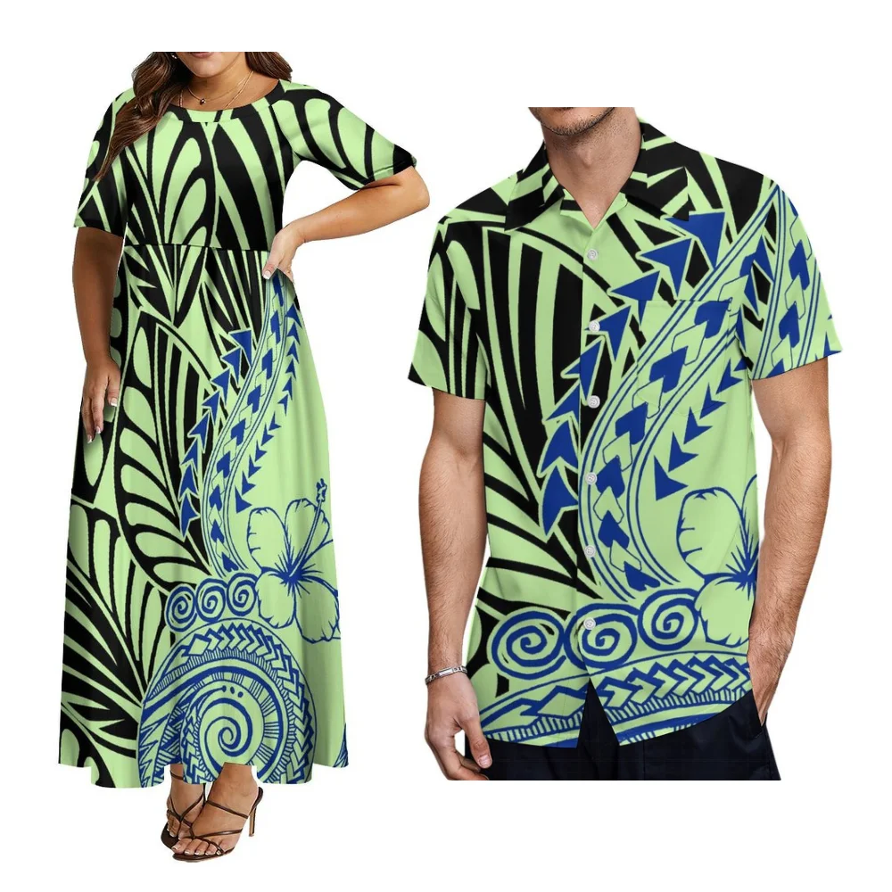 ชุดคู่พิมพ์ลาย Pacific Art Island สำหรับงานเทศกาลซามัว ชุดเดรสผู้หญิงและเสื้อเชิ้ตผู้ชาย แฟชั่นลำลอง ชุดราตรี