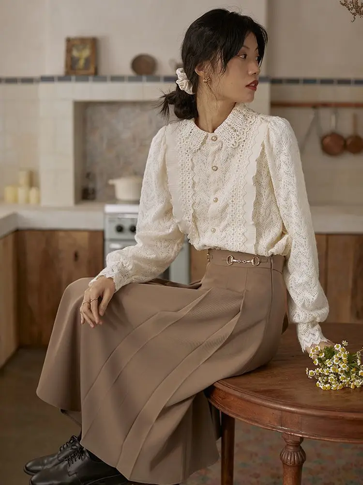 Camisas de primavera con encaje para mujer, camisas elegantes de moda para oficina, estilo francés Vintage