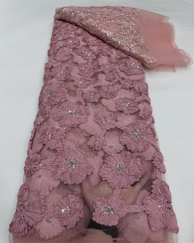 Encaje de tela africana con cuentas 3D de lujo - 5 yardas de alta calidad para costura de vestidos de novia