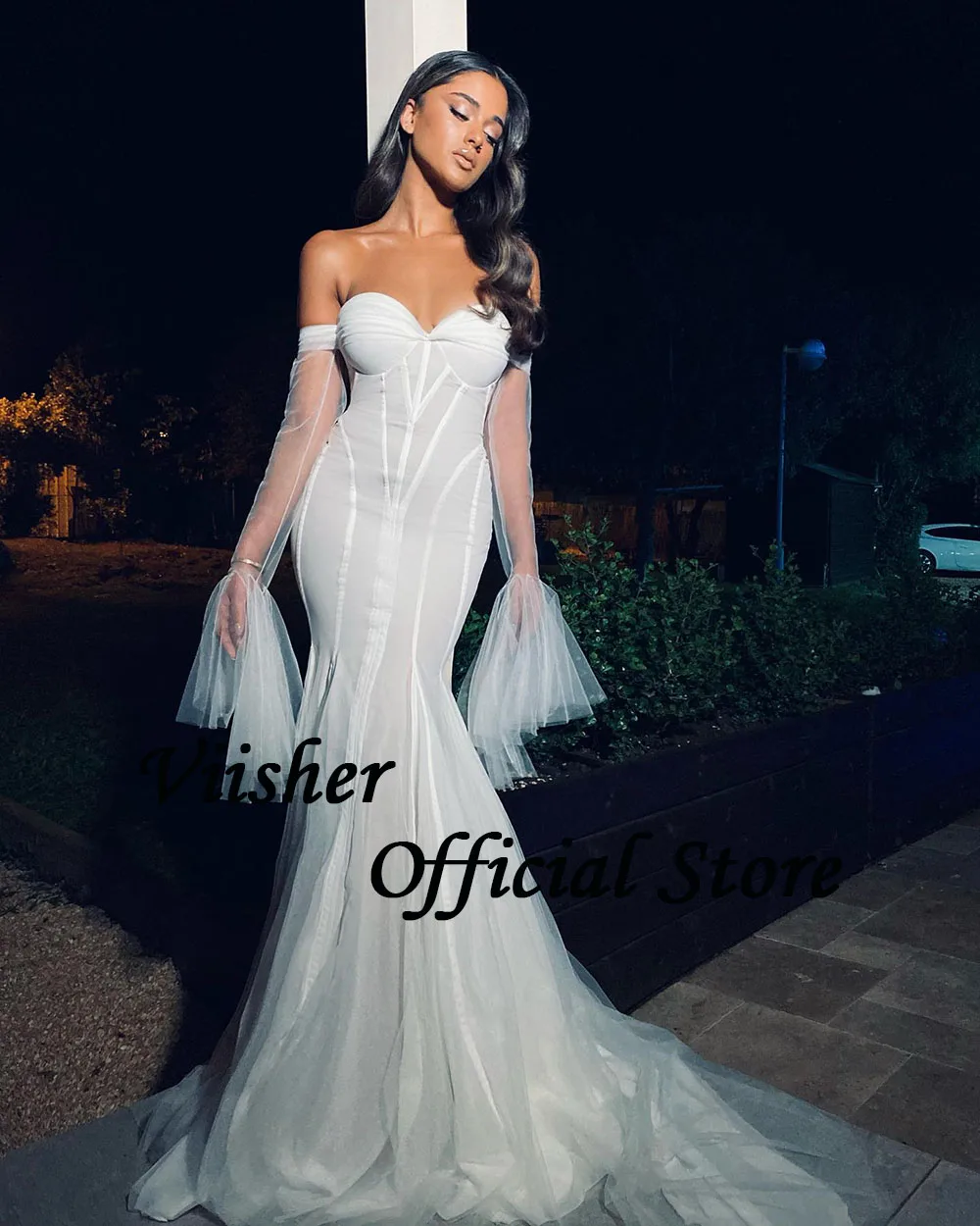 Viisher White Tulle Mermaid Wedding Dresses Sexy Sweetheart Boho Bride Dress 2023 Long Beach Wedding Bridal Gowns Customized