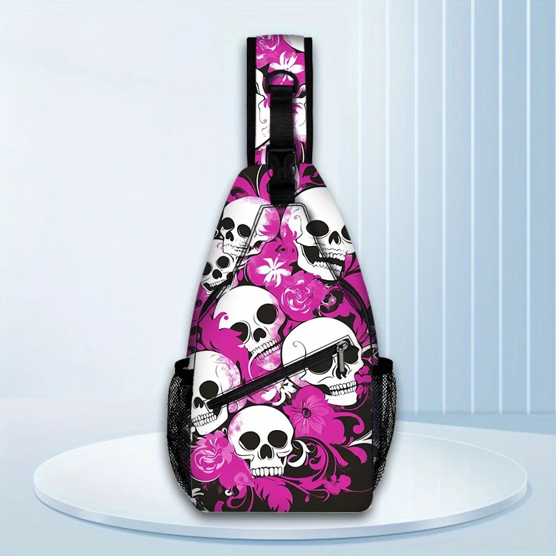 Adjustable Crossbody Sling Bag with Skull Floral Design Stylish Black Waist Pack for Men & Women, Perfect for Outdoor