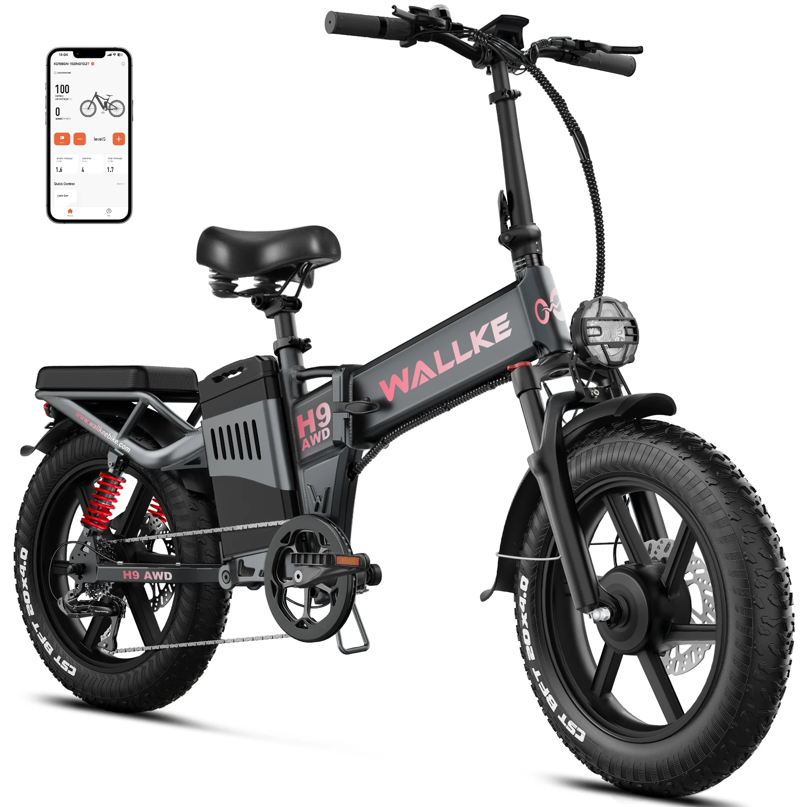 WALLKE H9 AWD Folding Electric Bike 1750W Dual Motor Electric Bicycle 48V 40Ah/60Ah 20 Inch Fat Tire E-bike with APP Control