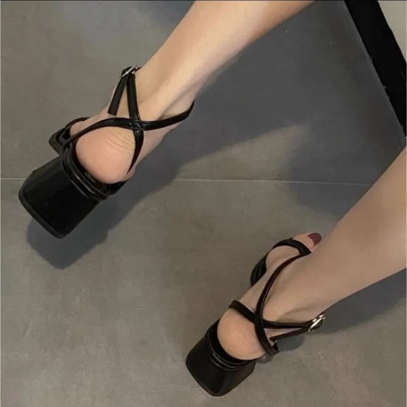 French Sandals Female Summer Square Toe Pink Thick High Heels Temperament Women Sandals New 2024 Ankle Buckle Sandales Femmes