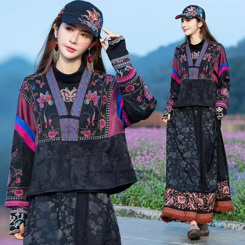 

2024 national flower embroidery jacquard patchwork coat chinese vintage jacket traditional tang suit oriental ethnic loose coat