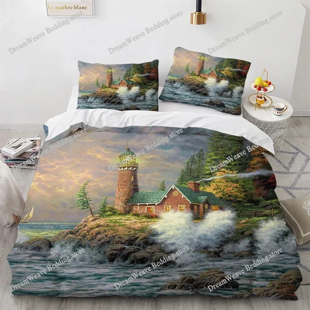 Oil Painting King Queen Duvet Cover Vintage Building Landscape Bedding Set for Adults Retro Art Microfiber Quilt CoverFQH