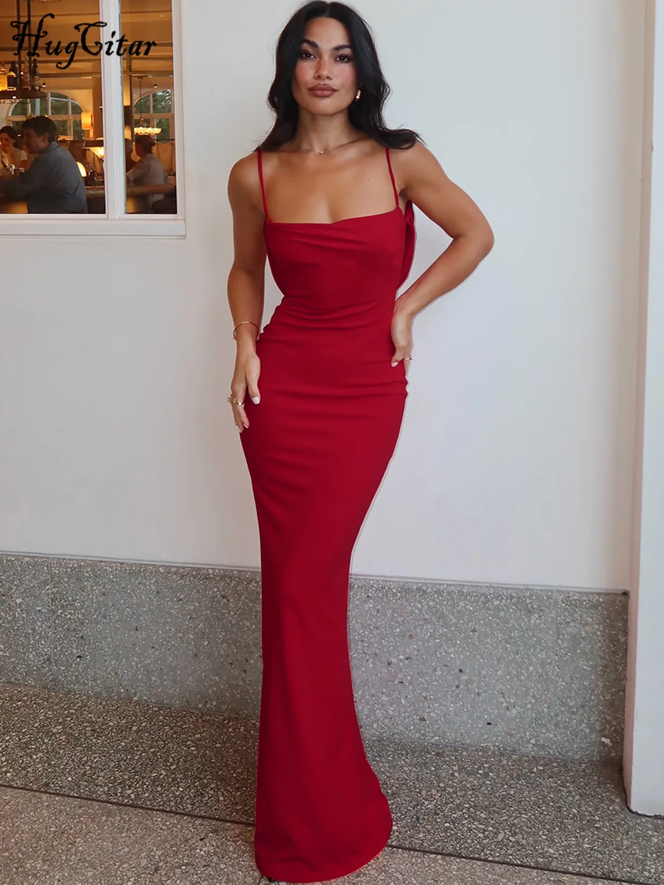 Hugcitar 우아한 민소매 슬립 백리스 셔링 솔리드 섹시한 Bodycon 맥시 댄스 파티 드레스 여름 여성 저녁 파티 의류 휴일