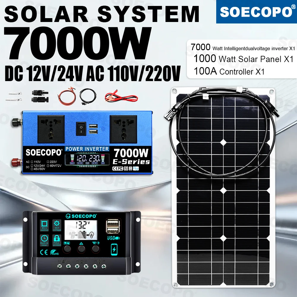 7000W Peak Solar Kit High Conversion 1000W Panel High Efficiency Inverter 100A Controller Complete For Work Lights RV Radio Use