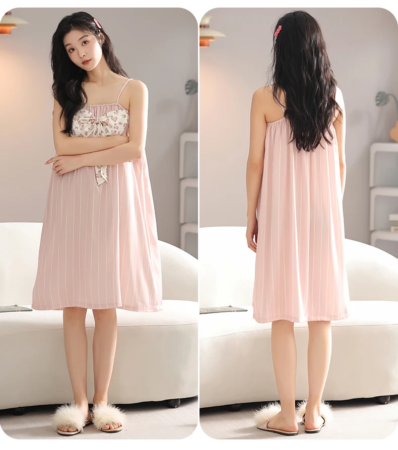 2025 Summer New Thin Ice Elegant Sweet Sexy Suspender Nightdress Women Sweet Heart Shape Bow Slash Neck Loose Leisure Loungewear