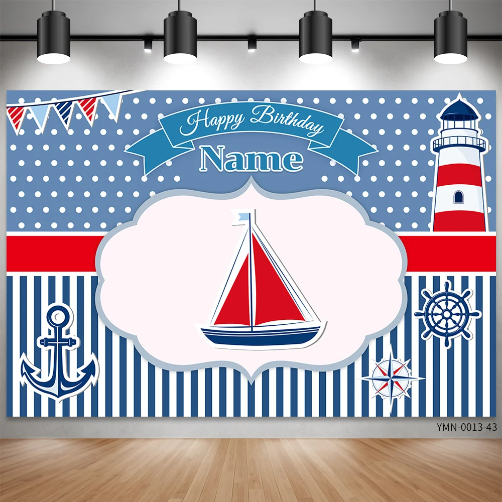 

Custom Text Birthday Party Banner Sailing Lighthouse Navy Blue Stripes Themed Background Backdrops For Photo Studio Photophone