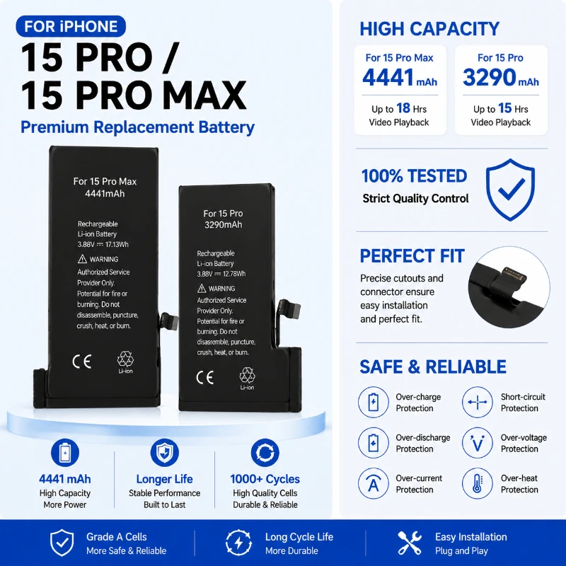 4441mAh Large Capacity Phone Battery for Apple 15 Pro Max LLA US Version Extended Replacement Battery