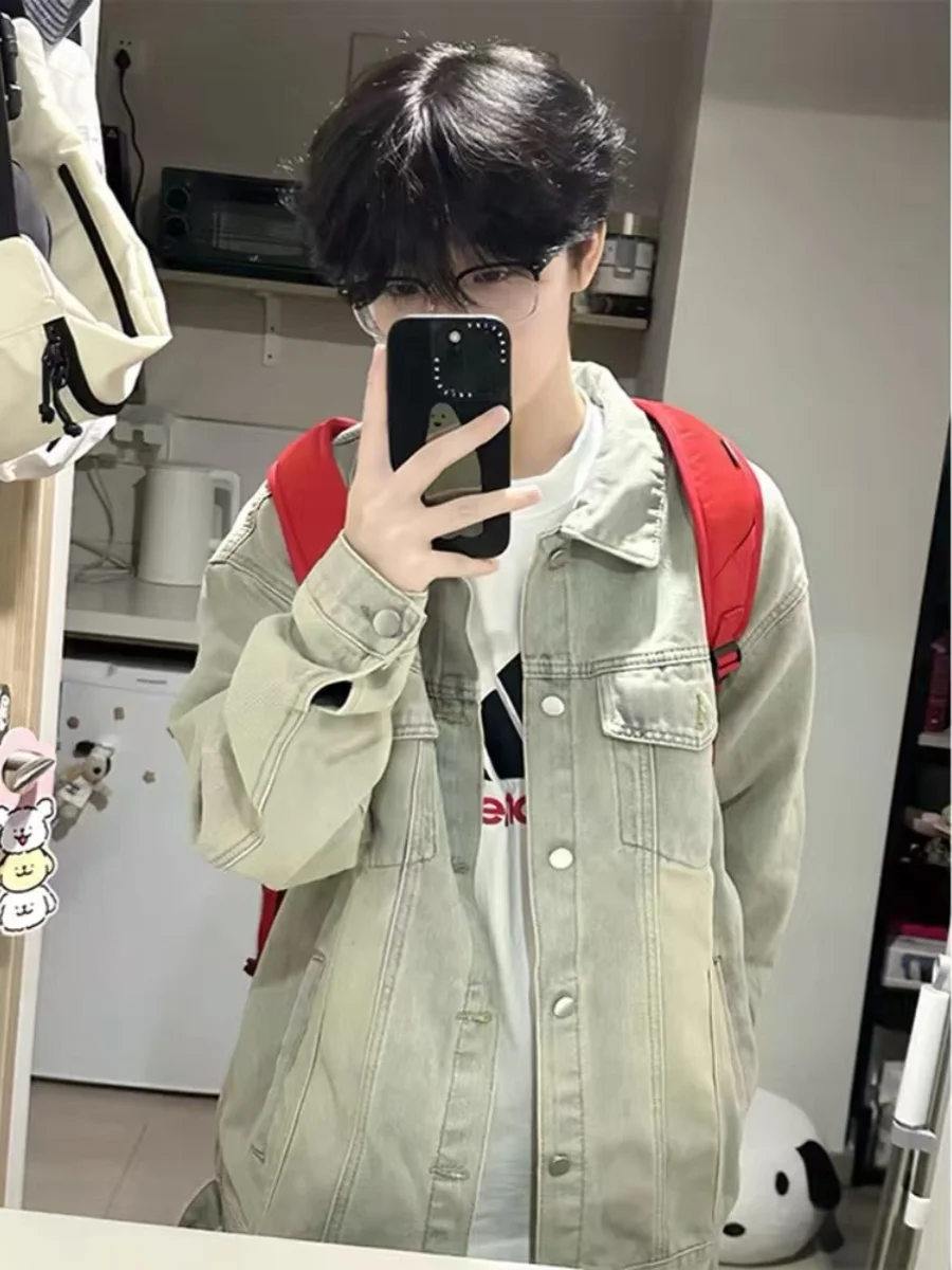 

Мужская джинсовая куртка Waed в винтажном стиле, цвет желтый грязь, с отложным воротником, свободного кроя, длинный рукав, молодежный стиль, весна-осень